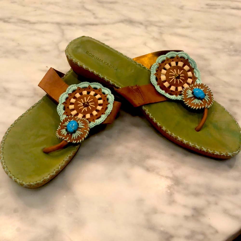BCBGMaxAzria Green and Brown Embellished Leather Thong Sandals